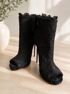 BEBE Black Lace Peep Toe Stiletto Ankle Booties Heels Sz 7